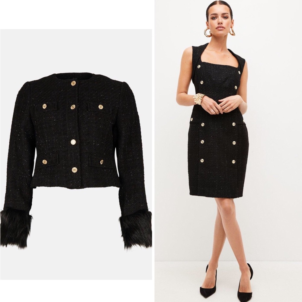 Karen Millen Set Sparkle Tweed DressAnd Faux Fur Cuff Jacket Sz 8 US